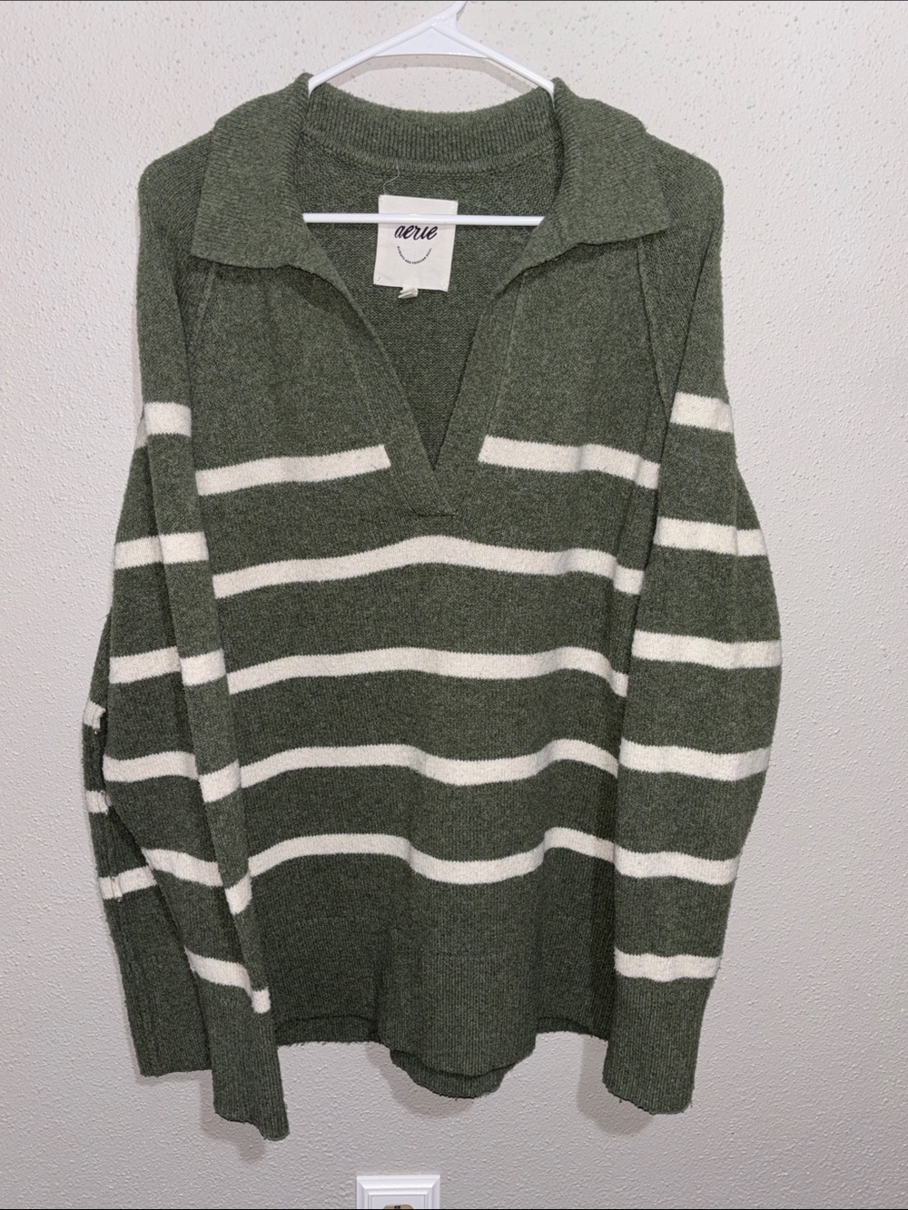 aerie Olive Green and White Striped Collared V-Neck Sweater (size Medium)